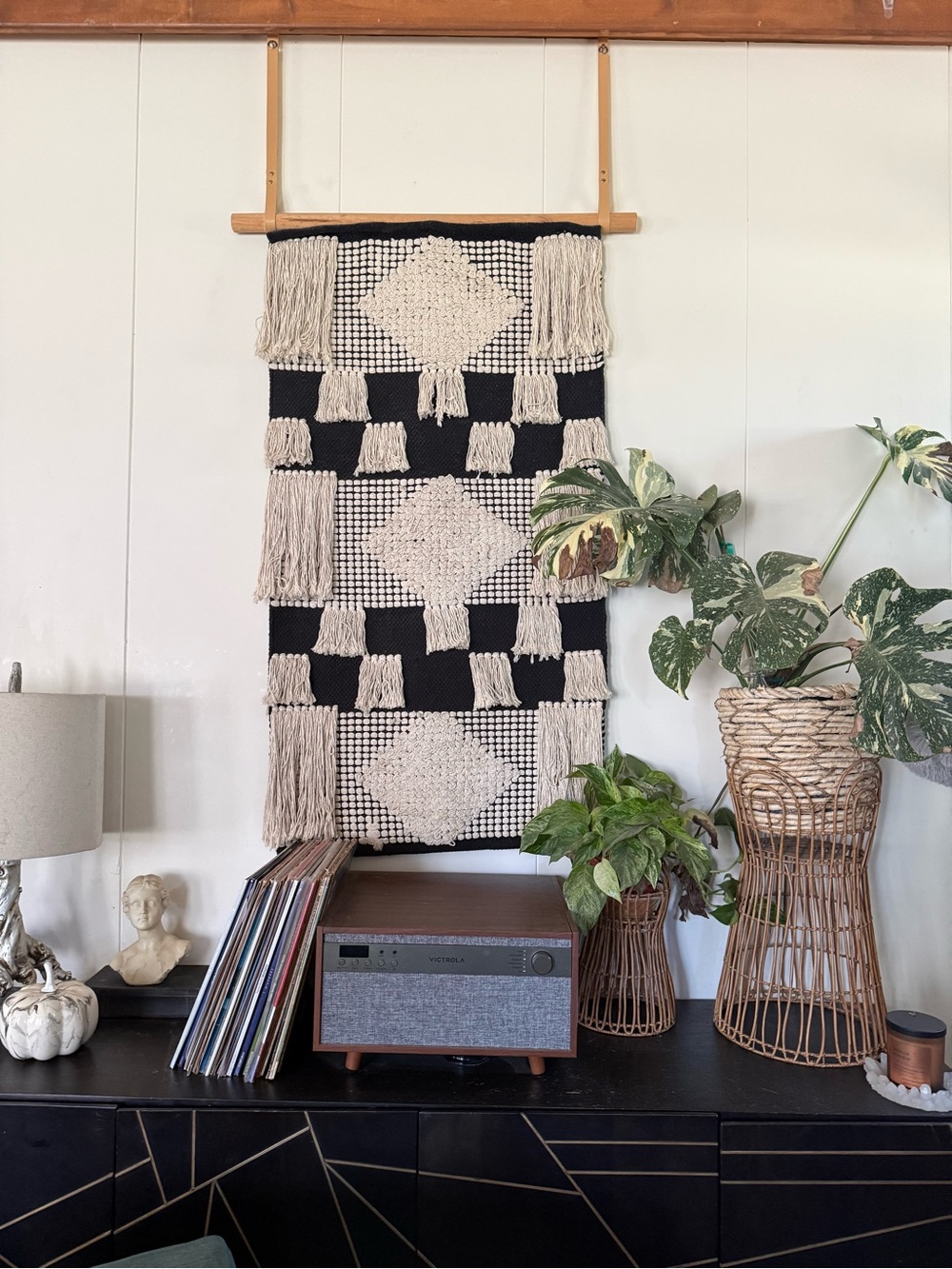 XL Hand Crafted Black and Cream Geometric Woven Wall Hanging